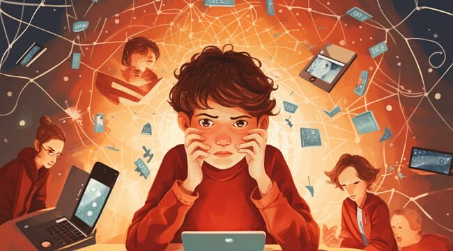 Child Overwhelmed by Screens Showing ADHD Poor Social Skills and Academic Struggle