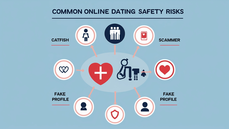 Infographic displaying common online dating safety risks with icons and text