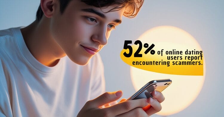 Person using a dating app on smartphone with statistic overlay