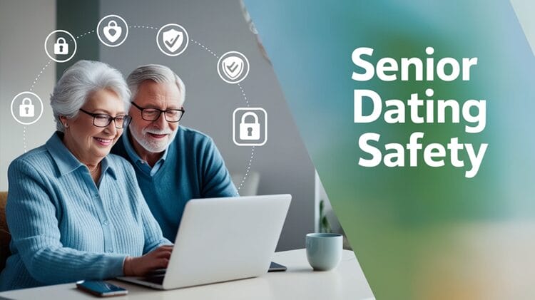 Senior couple browsing laptop with digital safety icons overlay, illustrating online dating safety for older adults