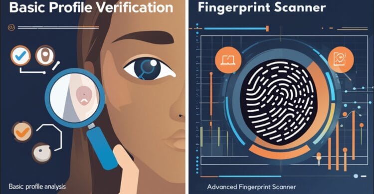 Split-screen illustration comparing basic and advanced profile verification methods