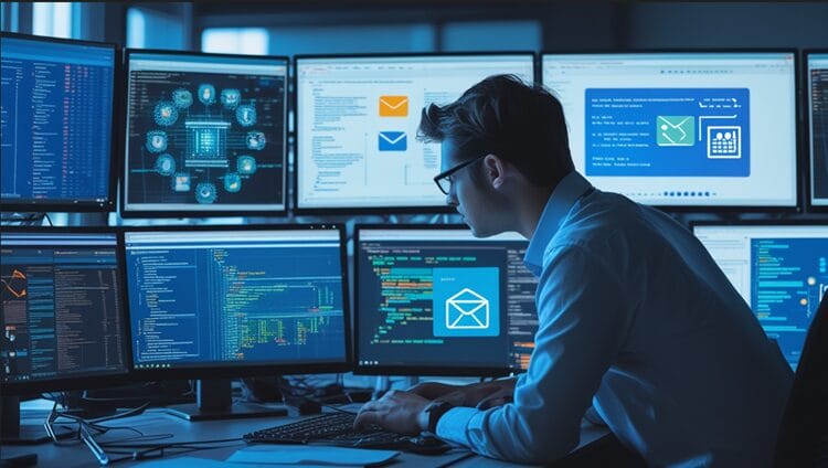 Cyber investigator analyzing data on multiple screens with email icons