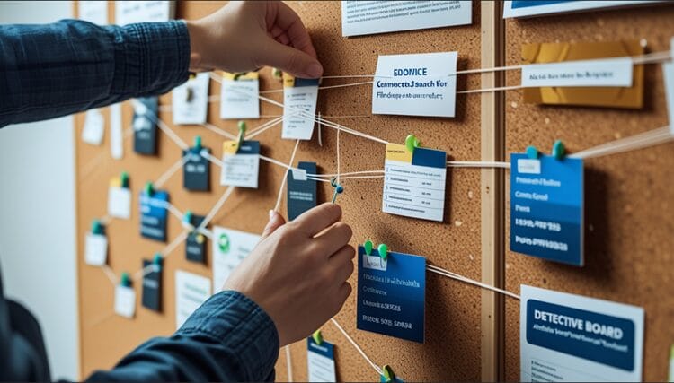 Detective board showing connected search methods for finding phone numbers