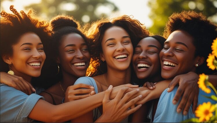 Diverse group of friends hugging and laughing at a reunion