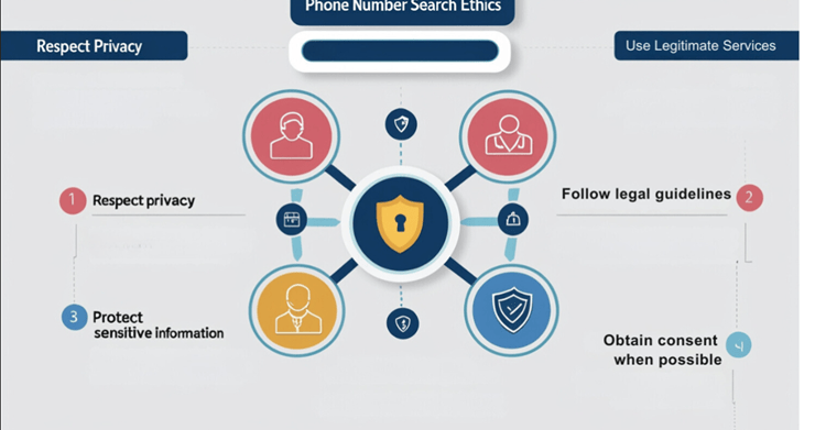 Infographic displaying ethical considerations for phone number searches, including privacy and legal guidelines