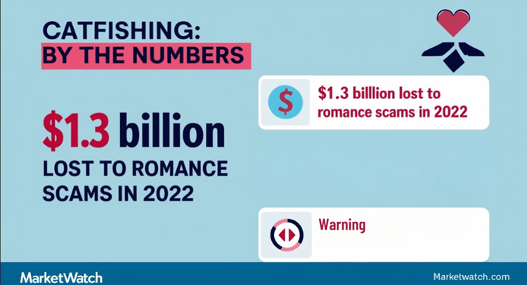 Infographic showing key statistics about catfishing scams, including financial losses and common warning signs