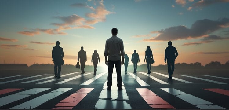 Person at a crossroads choosing paths to reconnect with different people