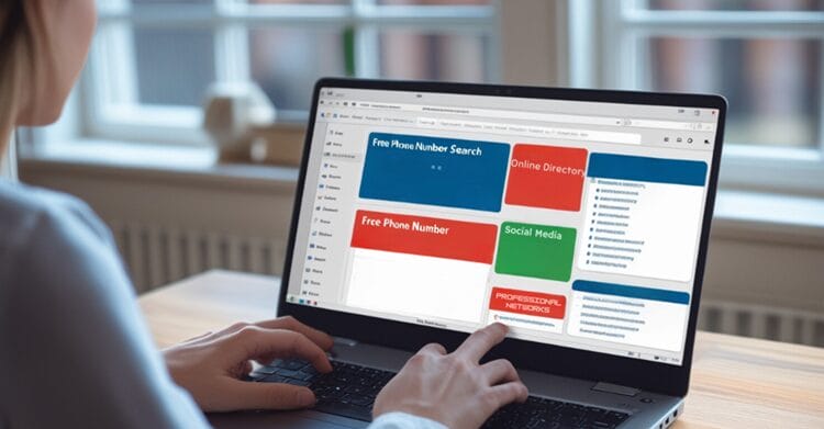 Person using laptop with multiple browser windows open, showcasing free phone number search methods