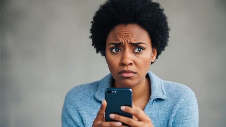 Person with a worried expression looking at a smartphone, representing concerns about online dating and catfishing