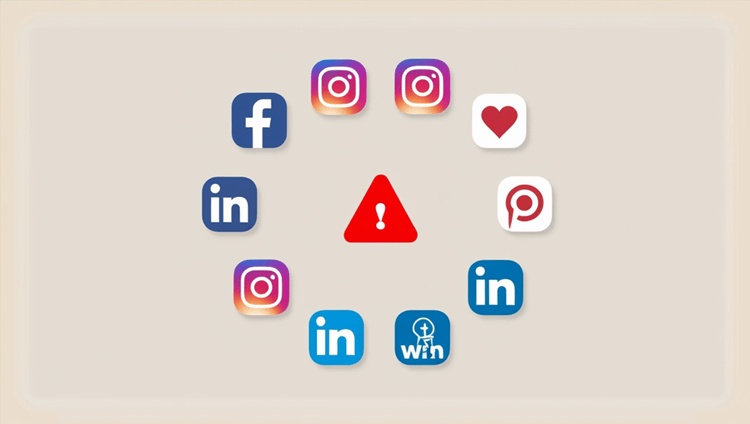 Social media app icons with warning symbols, illustrating common platforms for catfishing scams