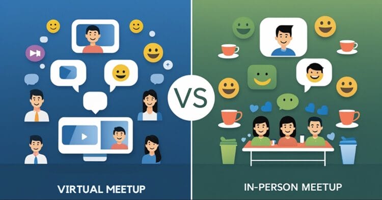 Split-screen illustration comparing virtual and in-person meetups, showcasing the benefits of both options